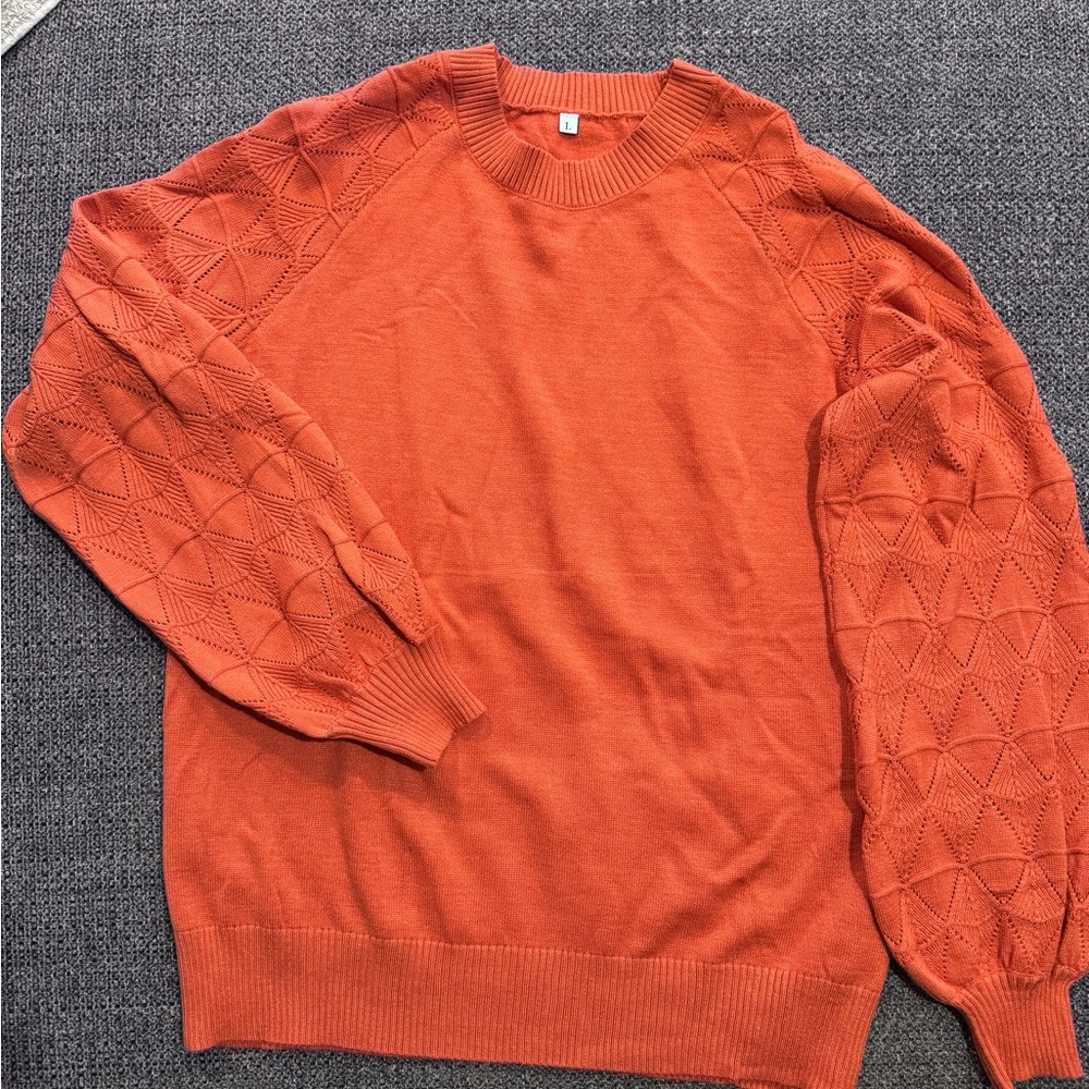 Women’s Orange Crewneck Sweater with Textured Sleeves- Never worn (no tags)